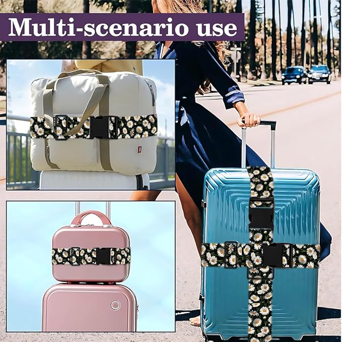 2PC,Daisy Flower Luggage Strap 1.97 x 70.84 inch White Floral Design Adjustable Suitcase Belt Durable Nylon Baggage Identifier for Elegant Travel Accessory