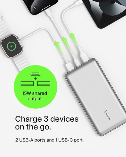Belkin Portable Charger, USB-C Power Bank 20000 mAh w/ 1xUSB-C Port & 2xUSB-A Ports, 15W w/Type-C to Type-A Cable for iPhone 17, Samsung Galaxy S25, Nintendo Switch 2, Google Pixel 10, etc. - Silver