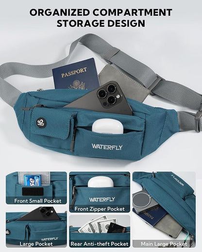 WATERFLY Small Crossbody Fanny Pack: 5 Pocket Slim Lightweight Waist Belt Hip Bag for Women Men Water Resistant Chest Pouch for Travel Hiking Running Walking Fit All Phones - Peacock Blue