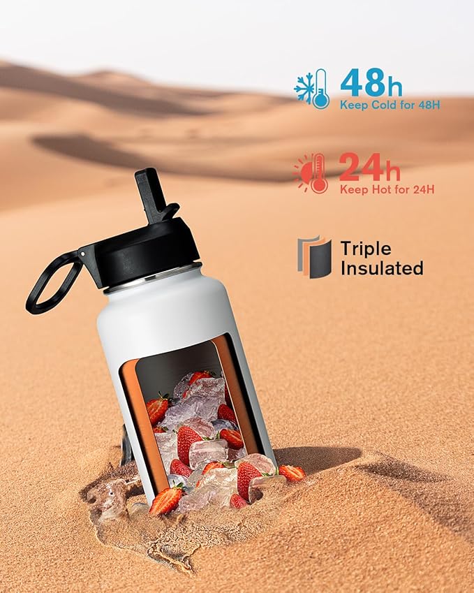 Coolflask Water Bottle 40 oz Insulated with Straw, Stainless Steel Metal 3 Lids Water Flask for Sports or Office, Keep Cold 48H Hot 24H, White