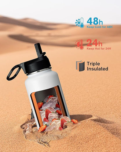 Coolflask Water Bottle 40 oz Insulated with Straw, Stainless Steel Metal 3 Lids Water Flask for Sports or Office, Keep Cold 48H Hot 24H, White