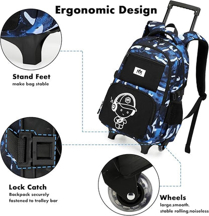 Bluboon Rolling Backpack with Wheels Kids Backpack for Boys Teens Wheeled Bookbag Kids Luggage Travel Hiking