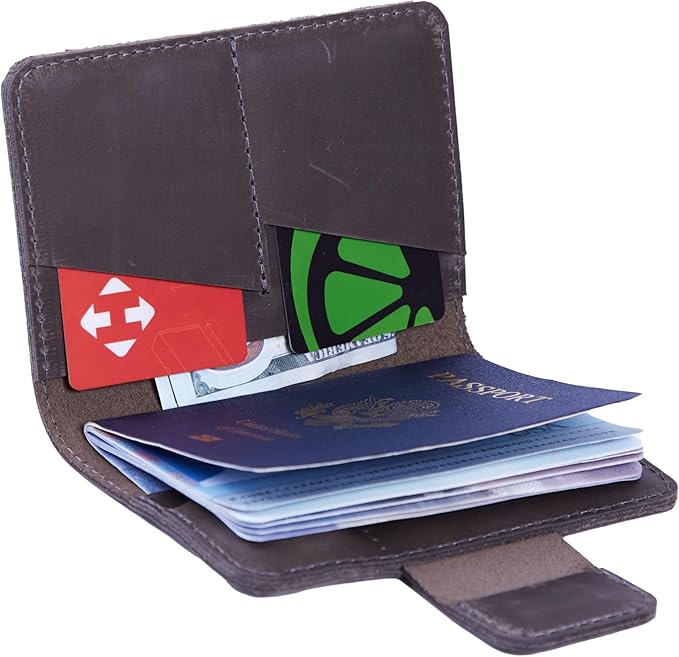 Grey Passport Holder for Travel with AirTag - Leather Passport Cover Compatible with Airtag Passports Wallet with Card Slots & Note Compartment, Magnetic Closure, Genuine Leather, Vintage Gray