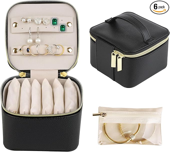HofferRuffer Jewelry Box Organizer for Women Girls, Travel Jewelry Case with 6 Portable Zipper Bags, Jewelry Storage Ideal for Travel & Home Organization (6pcs-Black Faux Leather)