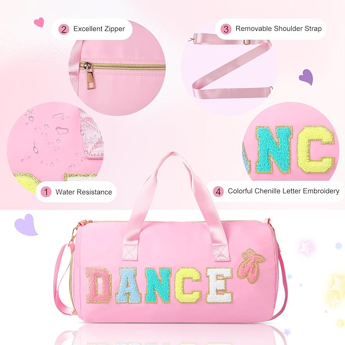 Dance Bag for Girls, KUIRAN Travel Duffel Bag with Shoe Compartment Lightweight Gym Sport Ballet Weekender Bag - Pink/Shoe Compartment