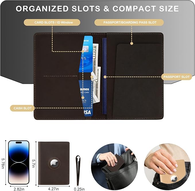 Airtag Passport Holder for Men and Women Travel, Real Leather Passport Wallet, Handmade Passport Cover Case with Airtag Slot, Travel Must Haves Essentials Accessories Birthday Gift(Crazy Horse,Coffee)