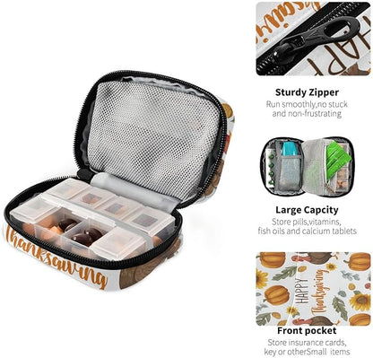 Thanksgiving Turkeys Sunflowers White Travel Pill Organizer Case Box Container Weekly Portable Vitamin Medicine Holder Storage Bag with Zipper Removable