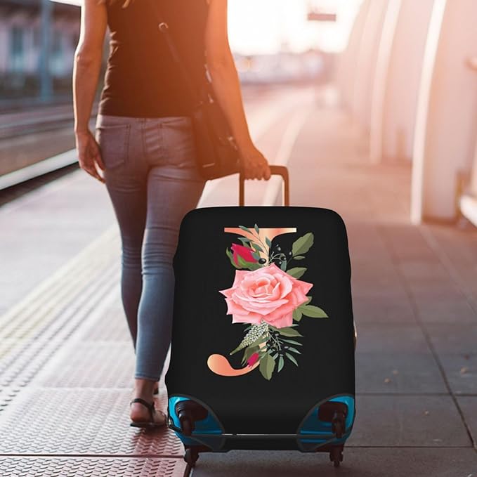 Floral Letter J Travel Luggage Cover Spandex Suitcase Protector Elastic Washable Stretch Suitcase Cover,Size XL(Fit 29-32inch Suitcase)