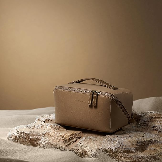 EACHY Travel Makeup Bag, Faux Suede Cosmetic Bags for Women,Large Capacity Portable Pouch Open Flat Toiletry Bag Make up Organizer with Divider and Handle