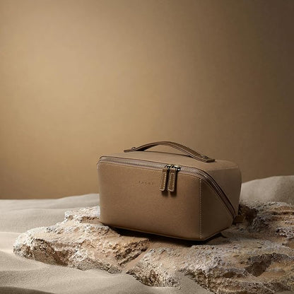 EACHY Travel Makeup Bag, Faux Suede Cosmetic Bags for Women,Large Capacity Portable Pouch Open Flat Toiletry Bag Make up Organizer with Divider and Handle