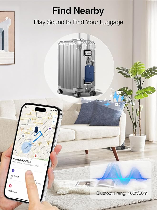 TopMade Smart Luggage Tag with Find My, Premium Leather Luggage Tags for Suitcase, Travel Bags, Backpacks, Anti-Lost Suitcase Tag Tracker for Travel with Privacy Name Card, Rechargeable