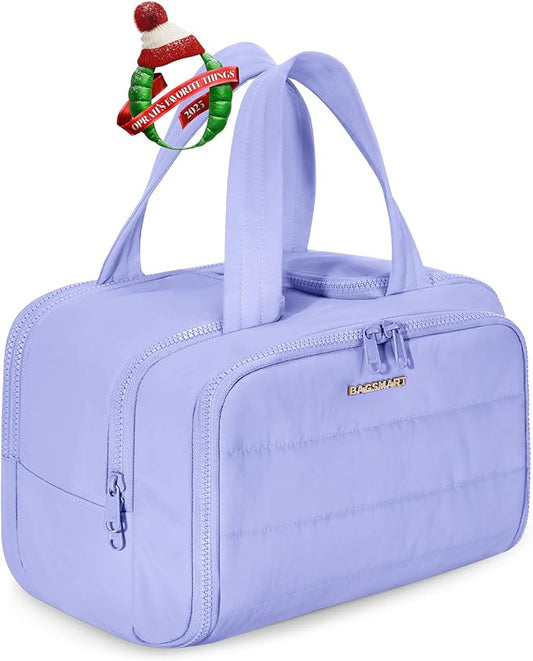 BAGSMART Travel Toiletry Bag, Crush Toiletry Bag for Women, Wide-open Puffy Toiletry Bags for Traveling, Large Travel Cosmetic Makeup Bag Organizer for Accessories,Toiletrie, Purple