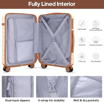 UKEIN Luggage Sets 3 Piece, Carry On Luggage 20In With Spinner Wheels,PC Hardside Suitcase Set with TSA Lock,Durable Carry On Suitcase With Travel Backpack for Men (Cream, 3 piece set (BP/20inch))
