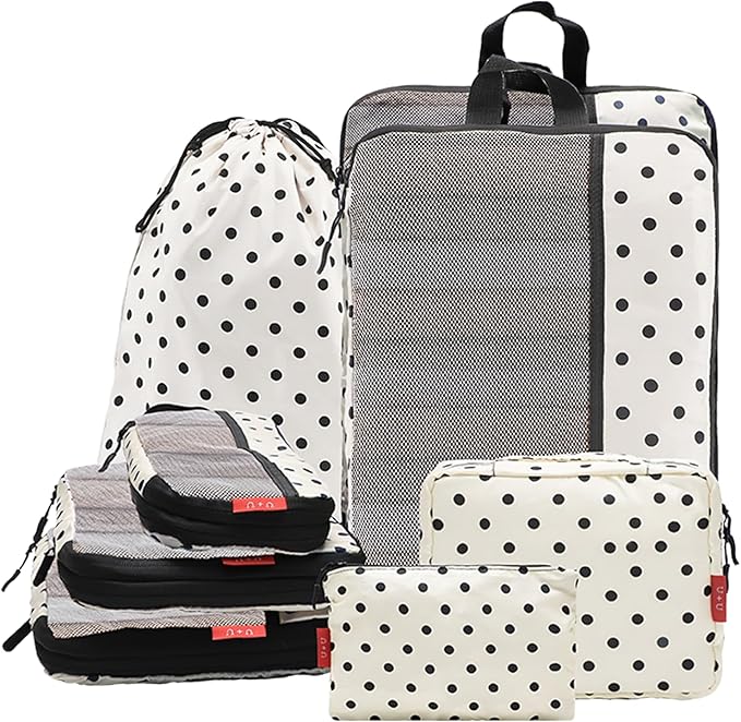 U+U 8 Set Compression Packing Cubes - Ultralight Travel Organizers with Laundry Bag and Cosmetic Bag, Space-Saving Suitcase Organizer for Travel, Business Trip and Family Vacation (Polka Dot)