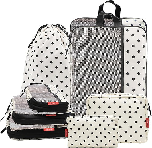 U+U 8 Set Compression Packing Cubes - Ultralight Travel Organizers with Laundry Bag and Cosmetic Bag, Space-Saving Suitcase Organizer for Travel, Business Trip and Family Vacation (Polka Dot)