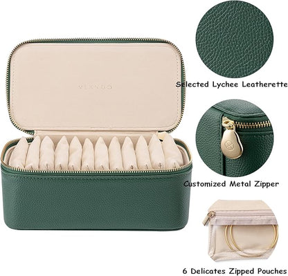 Vlando Travel Jewelry Box Organizer - 12 Small Velvet Zipped Pouches Pockets for Jewelries Necklaces Rings Earrings Sorting Storage, Dark Green