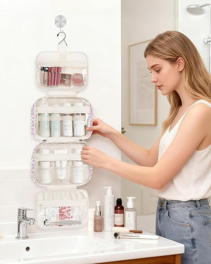 Narwey Hanging Toiletry Bag for Women Travel Makeup Bag Organizer Toiletries Bag for Travel Size Essentials Accessories Cosmetics (Green Leaves and Flower (Medium))