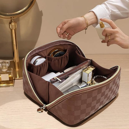 Prite Makeup Bag for Women Travel Waterproof Vegan Leather Cosmetic Bag Open Flat Toiletry Bag With Clear Divider and Handle (Plaid Brown)