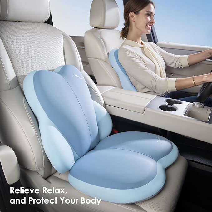 FLORICH Car Seat Cushion and Back Support for Car Ultrathick Memory Foam Office Chair Cushions with Lumbar Support Pillow for Sciatica & Back & Tailbone Pain Relief (Blue)
