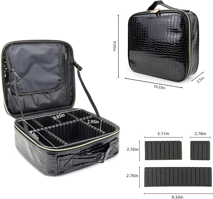 Travel Makeup Train Case Cosmetic Case Organizer Portable Artist Storage Bag with Adjustable Dividers for Cosmetics Makeup Brushes Toiletry Jewelry Digital Accessories (Black)