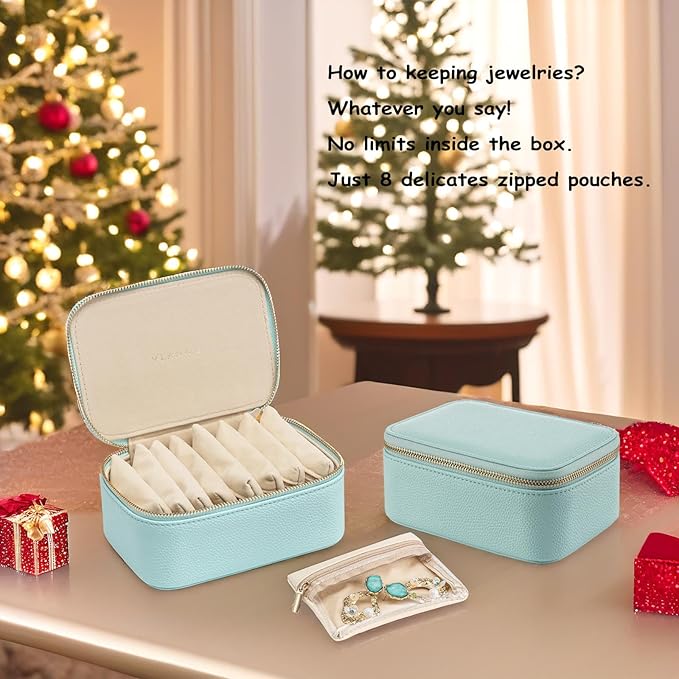 Vlando Travel Jewelry Box Organizer - 8 Small Velvet Zipped Pouches Pockets for Jewelries Necklaces Rings Earrings Sorting Storage, Aqua Blue
