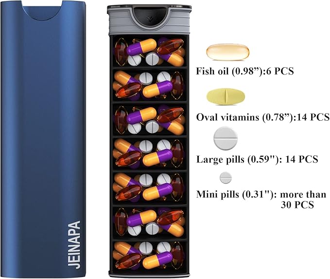 Extra Large Pill Organizer 7 Day, Aluminum Daily Pill Box, Weekly Travel Pill Case, Cute Pill Holder to Hold Vitamins, Medicines, Pills, Supplements