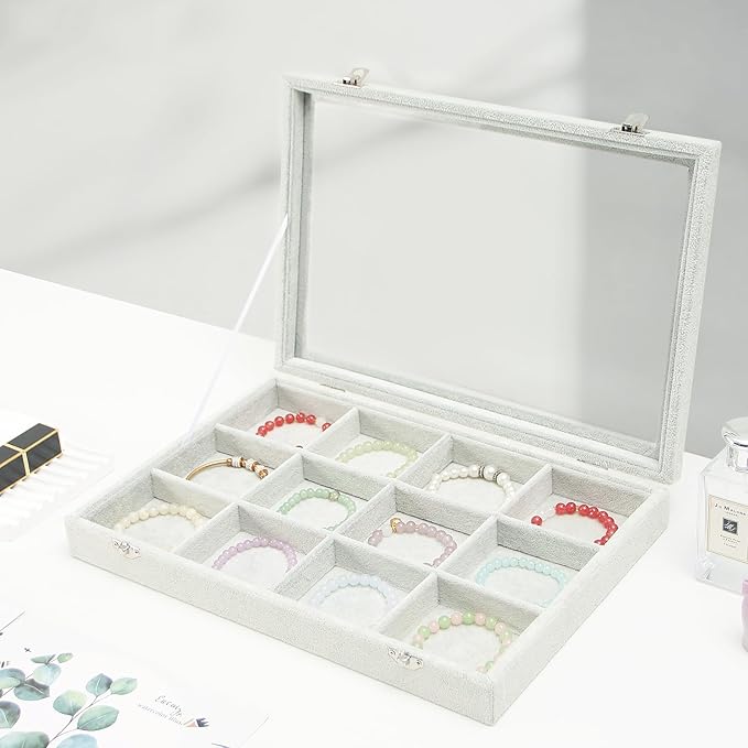 Coward Jewelry Organizer Tray Box, Grey Beige Velvet 12 Grids Bracelet Bangle Necklace Jewelry Display Tray Case with Transparent Glass Lid for Home Desk Drawer or Store Selling Show