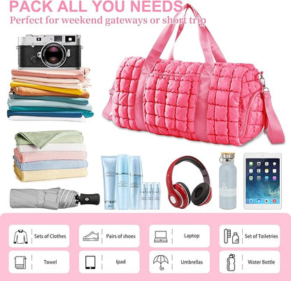 Quilted Travel Duffle Bag Gym Bag for Women,Large Puffer Duffle Weekender Bag with Compartment,Workout Overnight Carry on Organizer Bag Duffle Bag for Airplane Travel(Pink)
