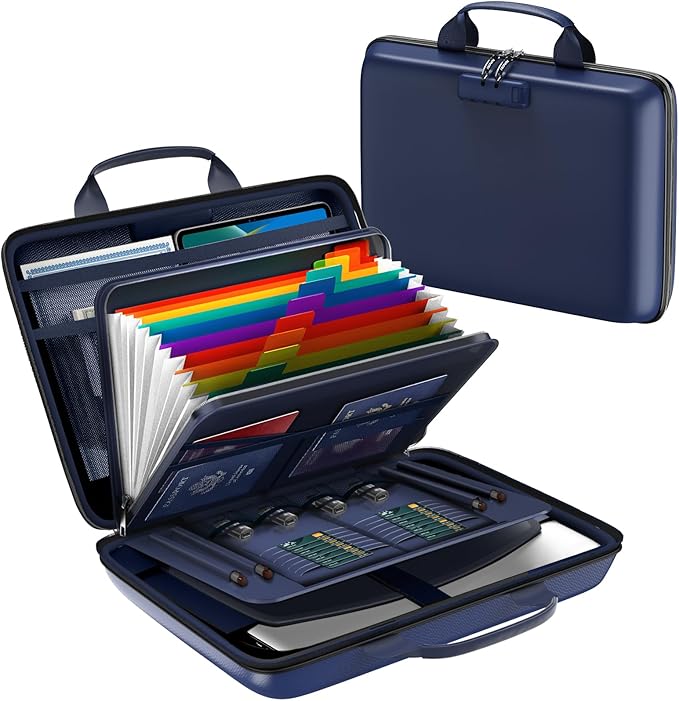 Fireproof Document Box, Hard Case Fireproof File Organizer Box with Lock and 13 Pocket Accordion File Folder, Portable Safe Box for Home Office Travel to Storage Important Documents Laptop Blue