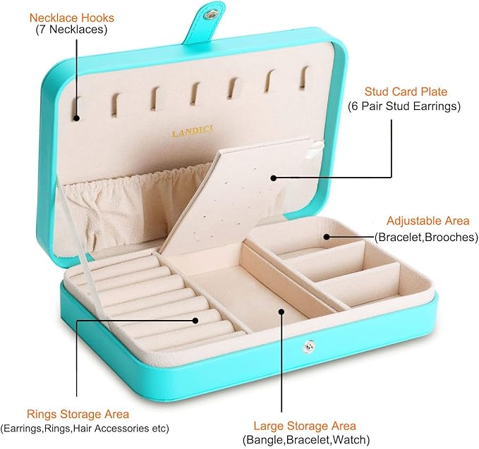 LANDICI Small Jewelry Box for Women Girls, PU Leather Travel Jewelry Organizer Case, Portable Jewellery Storage Holder Display for Ring Earrings Necklace Bracelet Bangle Watch Men Kids Gift, Lake Blue