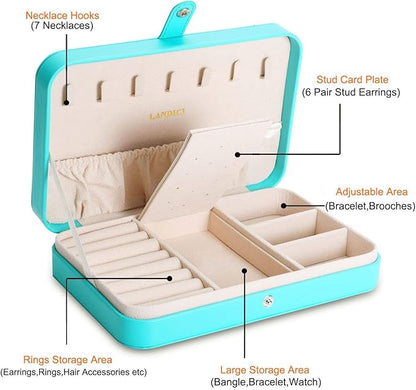 LANDICI Small Jewelry Box for Women Girls, PU Leather Travel Jewelry Organizer Case, Portable Jewellery Storage Holder Display for Ring Earrings Necklace Bracelet Bangle Watch Men Kids Gift, Lake Blue