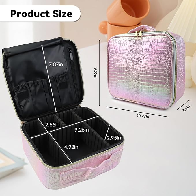 Travel Makeup Bag Makeup Cosmetic Train Case Organizer Portable Storage Bag with Adjustable Dividers for Cosmetics Makeup Brushes Toiletry Jewelry Colored Crocodile Pattern