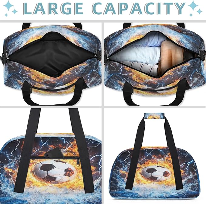 Kids Duffle Bag Girls Boys Soccer Ball Sport In Fire Ice Weekender Overnight Bag,Lightweight Duffel Bags for Traveling Gym Sport Dance