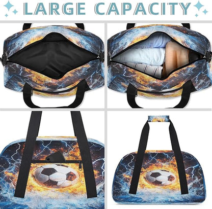 Kids Duffle Bag Girls Boys Soccer Ball Sport In Fire Ice Weekender Overnight Bag,Lightweight Duffel Bags for Traveling Gym Sport Dance