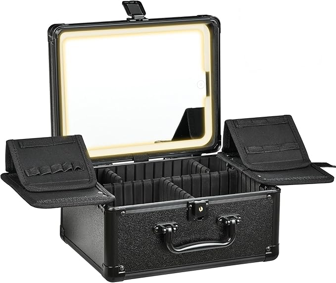 Makeup Case with Lighted Mirror, Makeup Box Organizer with Detachable LED Mirror, Travel Makeup Train Case, Waterproof Cosmetic Organizer, Standing Makeup Brush Holder, Gift, Black