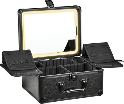Makeup Case with Lighted Mirror, Makeup Box Organizer with Detachable LED Mirror, Travel Makeup Train Case, Waterproof Cosmetic Organizer, Standing Makeup Brush Holder, Gift, Black