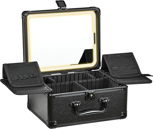 Makeup Case with Lighted Mirror, Makeup Box Organizer with Detachable LED Mirror, Travel Makeup Train Case, Waterproof Cosmetic Organizer, Standing Makeup Brush Holder, Gift, Black