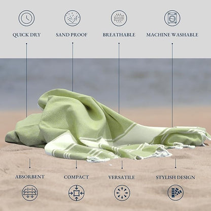 LANE LINEN Turkish Beach Towel 2 Pack, Oversized Beach Towel 39"x71", Lightweight Beach Essentials for Women, Large Pool Towel, Absorbent & Quick Dry, Sand Free Beach Towel - Jade Lime