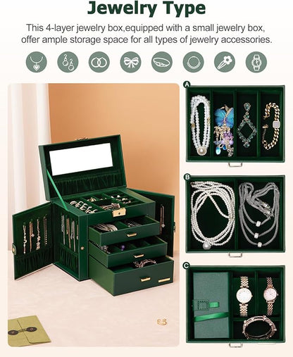 Homde 2 IN 1 Jewelry Box for Women Girls with Small Travel Case Mirror Necklace Ring Earrings Organizer - Christmas Gifts (Forest Green + Gold)
