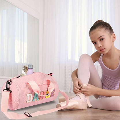 Dance Ballet Bag for Girls Sport Gym Duffle Bags Overnight Travel Bags Fun Dance Corduroy Chenille Letter Bag for Dancers (Pink)