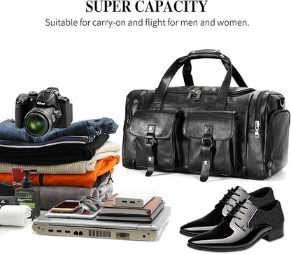 Zeroway Travel Duffel Bag with Shoe Pouch, PU leather Carry on Bag Weekender Overnight Bag for Men Women Black