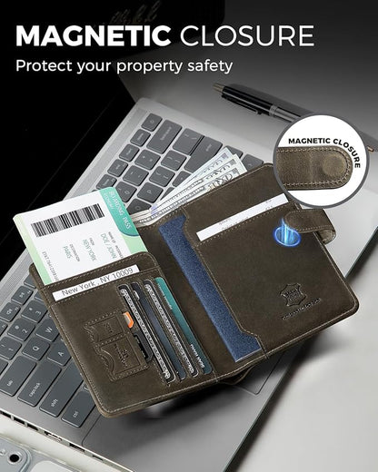 LORZOR Passport Holder for Travel: Full Grain Leather Passport Cover with Airtag Holder Magnetic Buckle for Men - RFID Blocking Bifold Wallet for Air Ticket Card Cash Coin (Black-yellow)