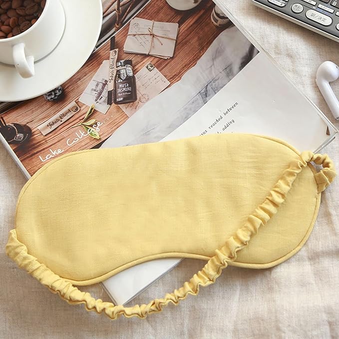 100% Pure Linen Sleep Mask Blackout Eye Mask for Sleeping, Eye Cover with Adjustable Strap - Organic Cotton Core Linen Eyes Mask Breathable for Travel - Gift for Women Men (deciduous Yellow)