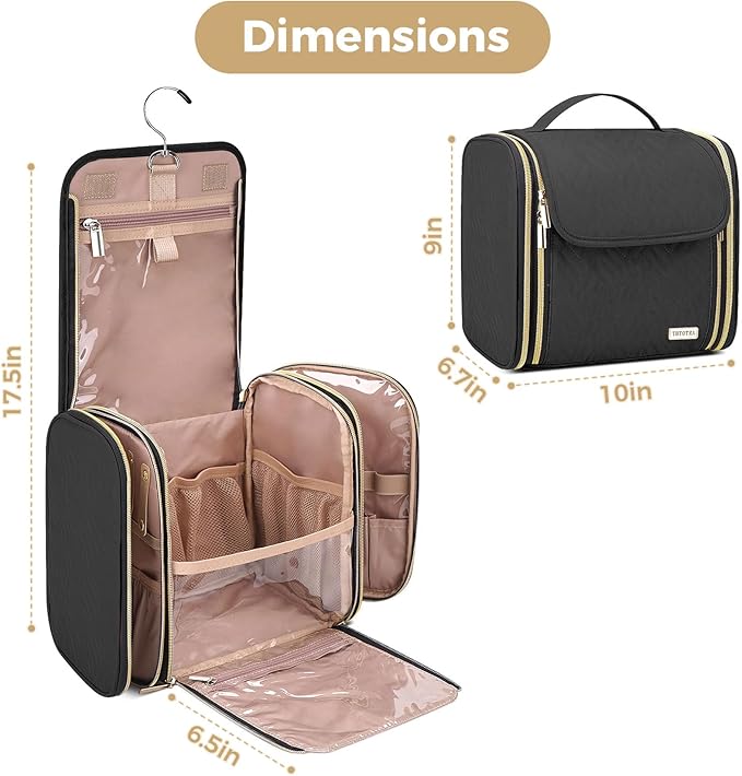 Hanging Toiletry Bag & Makeup Bag for Women with Jewelry Organizer - TSA Approved Large Capacity Travel Cosmetic Organizer, Waterproof Shower Essentials Case with Transparent Pockets, Black