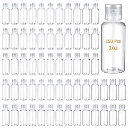 Mimorou 150 Pcs 1oz Travel Bottles Bulk for Toiletries Clear Small Travel Size Bottles Bulk Refillable Empty Containers for Shampoo Lotion Liquid Body Soap Cream Toiletries