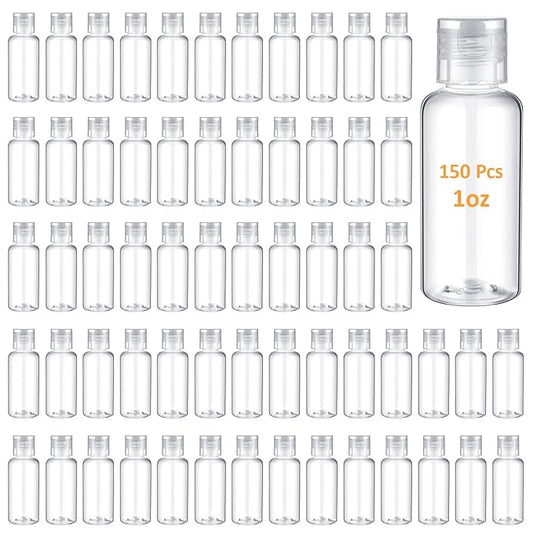 Mimorou 150 Pcs 1oz Travel Bottles Bulk for Toiletries Clear Small Travel Size Bottles Bulk Refillable Empty Containers for Shampoo Lotion Liquid Body Soap Cream Toiletries