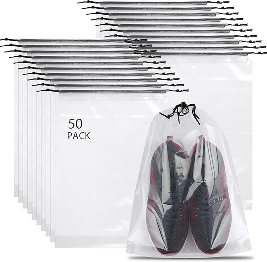 50 Pack Shoe Bags for Travel, 15.7" x 11.8" Clear Travel Shoe Bags for Packing, Large Waterproof Portable Drawstring Travel Shoe Storage Bag Travel Essentials Women for and Men