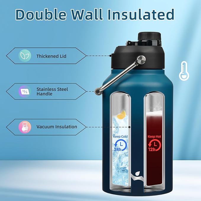 Jug with Handle,87 oz Insulated Water Bottle with Carrying Pouch, Double Wall Vacuum Stainless Steel Metal Bottle,Indigo Black