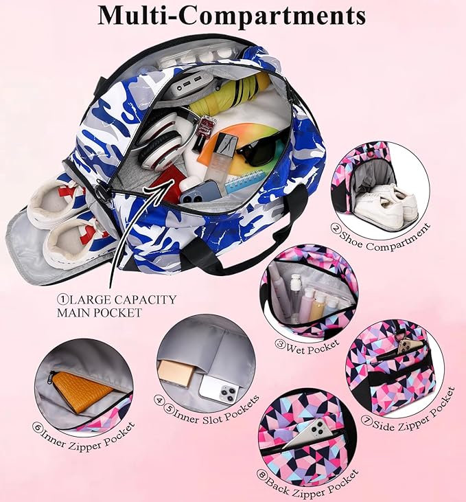 DSIUE Boys Duffle Bag Sports Gym Bag Overnight Weekender Travel Duffel Bag With Shoe Compartment (Camo Blue)