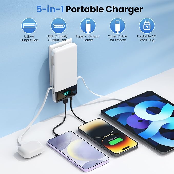 Portable Charger for iPhone with Built in Cables and Wall Plug,Upgraded 13800mAh Fast Charging USB C Power Bank,4 Outputs Travel Essential Battery Pack Compatible with iPhone 17/16/15,Samsung-White